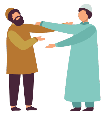 Two Muslim men in traditional attire greeting each other with open arms