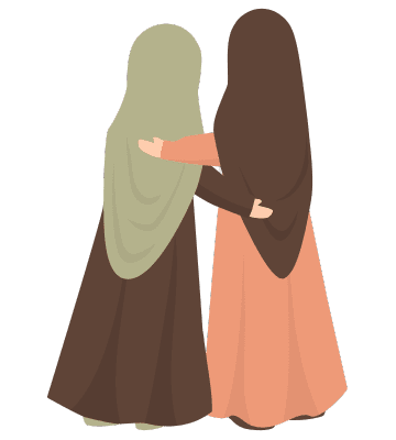 Two Muslim women wearing hijabs embracing each other