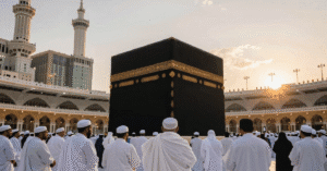 Muslim American pilgrims performing Tawaf at the Holy Kaaba in Makkah during their Umrah pilgrimage from the USA