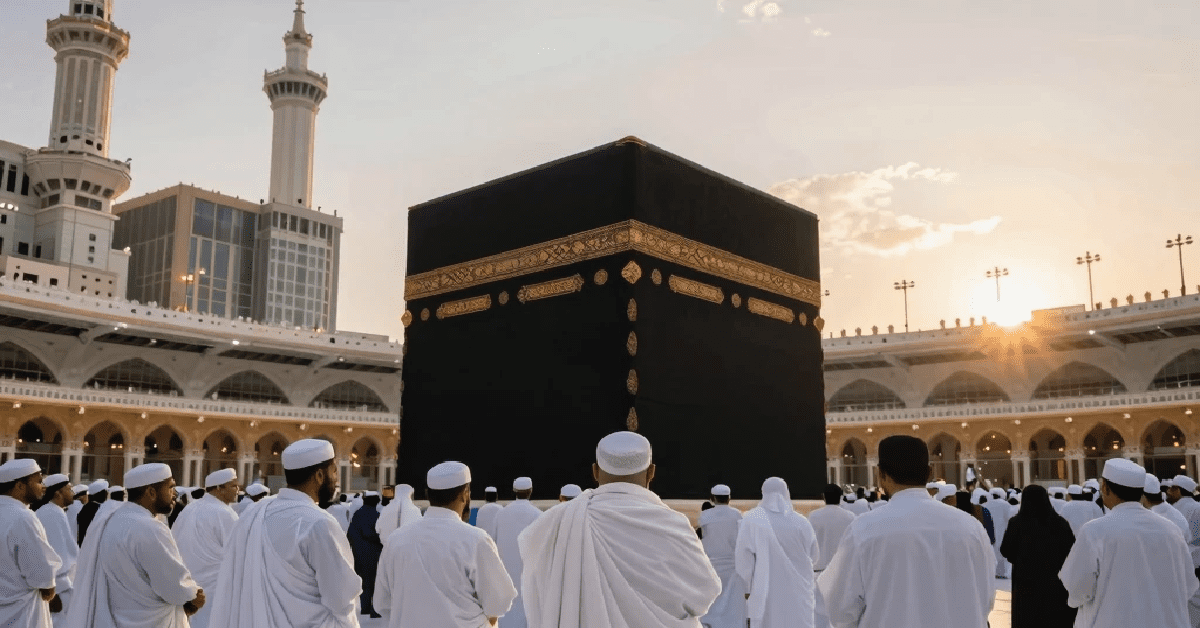 Muslim American pilgrims performing Tawaf at the Holy Kaaba in Makkah during their Umrah pilgrimage from the USA