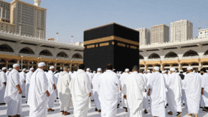 “British Muslim pilgrims performing Tawaf around the Kaaba during Umrah 2026.”