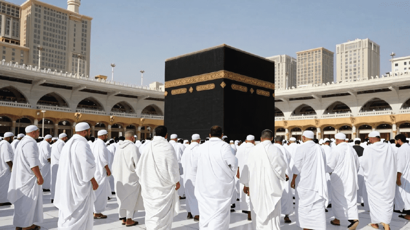 “British Muslim pilgrims performing Tawaf around the Kaaba during Umrah 2026.”